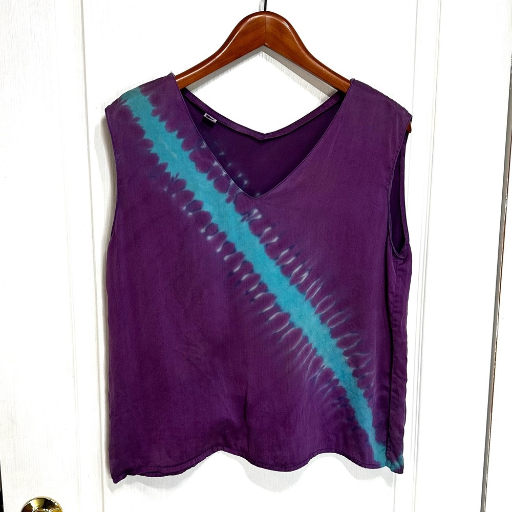100% Silk Purple Turquoise Tie Dye V-Neck Sleeveless Blouse Top Womens Large